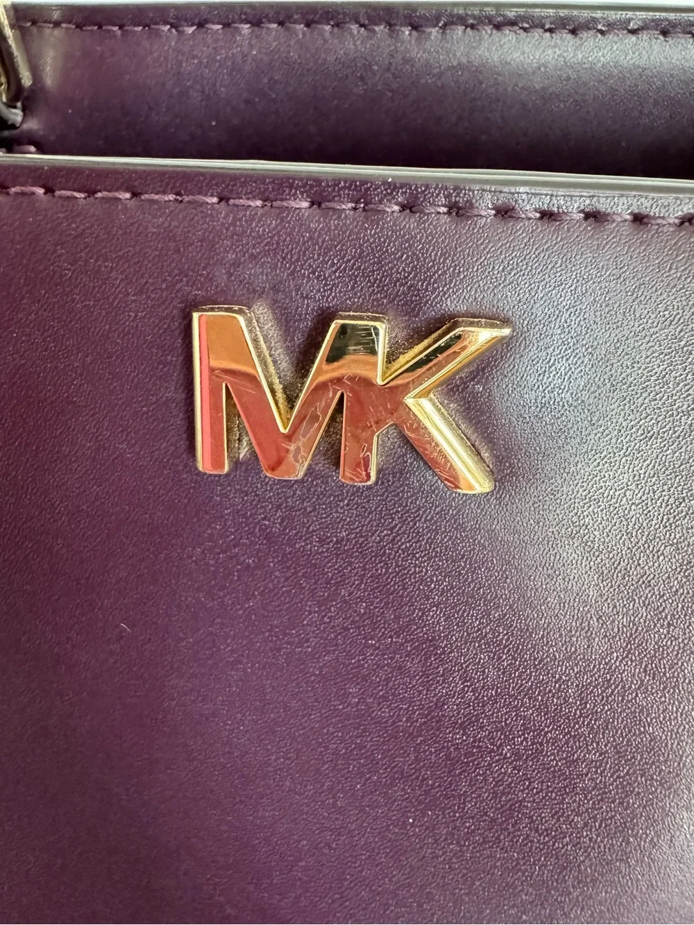 Michael Kors Mott Leather Tote with Gold MK Logo - Eggplant